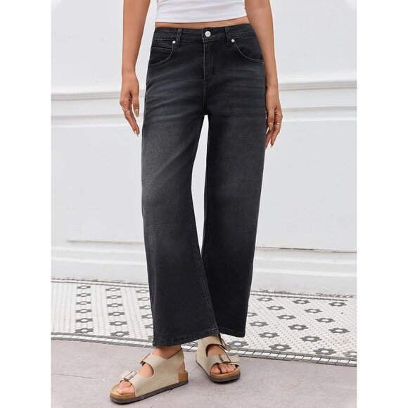 Women Jeans Stretch Denim Mid-Waist Wide Leg Cropped Casual Baggy Pants - Picture 4 of 6